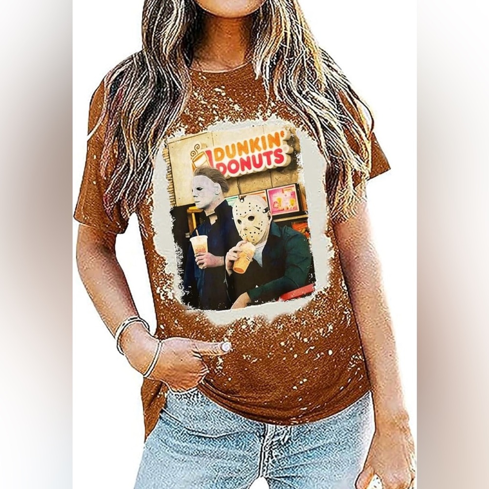 Jason & Michael Myers Halloween Dunkin Donuts Coffee Funny Short Sleeve Top